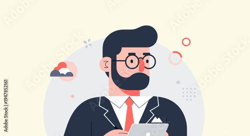 Stylized male executive in a suit holding a tablet device