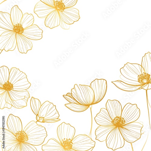 Golden-lined floral illustration on a white backdrop. Delicate flowers arranged in a corner flourish, perfect for design elements