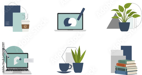 Stylized icons of office supplies, plants, coffee, and laptops in a clean, modern style