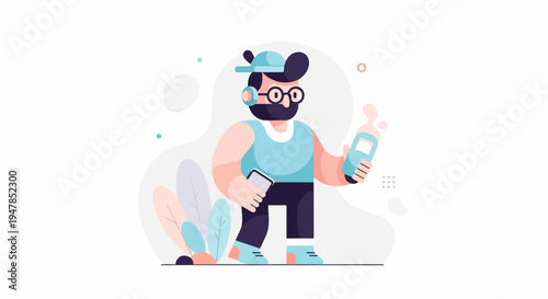 Stylized man with beard, glasses, headphones, and cap holding phone and bottle