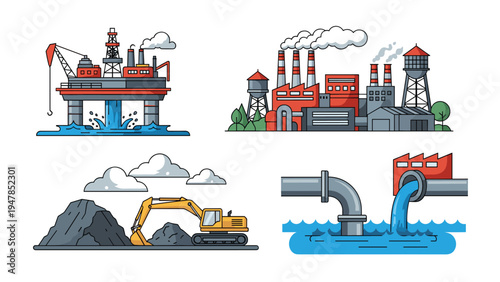 Collection of industrial icons features an offshore oil rig, a factory building, a mining excavator, and large water pipes.