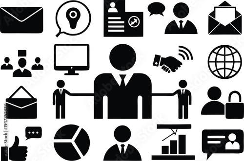 Collection of business and communication icons, including people, mail, charts, and connections, presented in a clean, minimalist style
