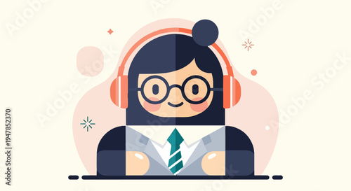 Stylized illustration of a character with glasses, headphones, and a tie