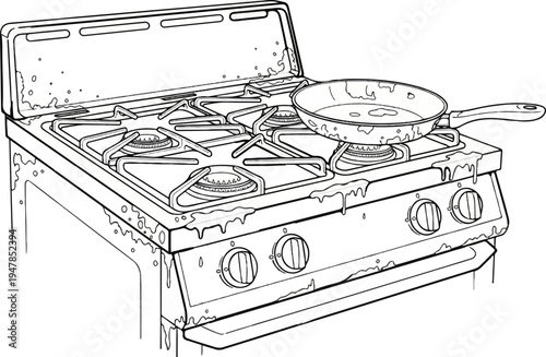 Stylized illustration of a dirty stovetop with a frying pan on one burner
