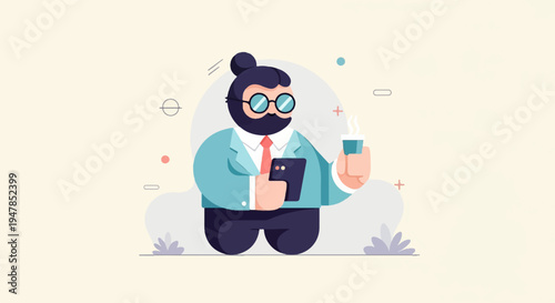 Stylized man with beard, glasses, coffee and phone