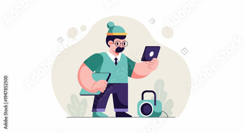 Stylized man holding devices with a retro radio and plants