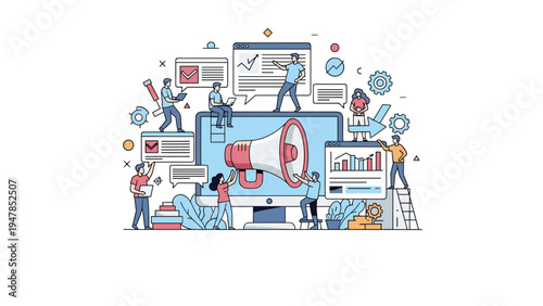 Business marketing team works around a giant computer monitor with a megaphone to manage advertising and data visualization.