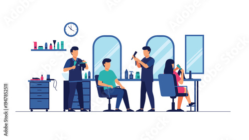 Barbers at work in a modern salon provide haircuts and styling services for male customers in a professional barbershop setting.