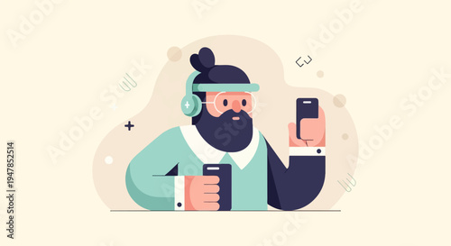 Stylized man with beard, headphones, and two phones