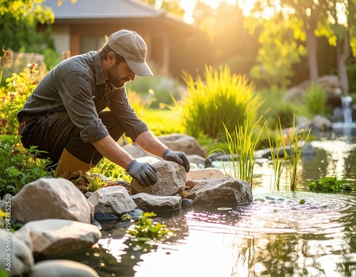 Adult man working on garden pond landscaping during golden hour