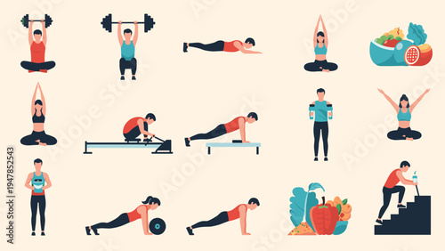 Fitness and wellness icons show people performing exercises, practicing yoga, and eating healthy food for a balanced lifestyle.