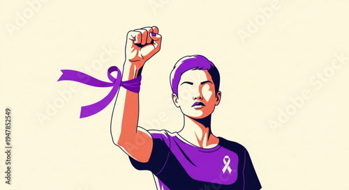 Woman with purple ribbon and bandana showing solidarity and support on a beige background