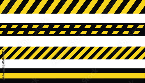 Black and yellow striped caution tape patterns and borders on white background - vector graphics