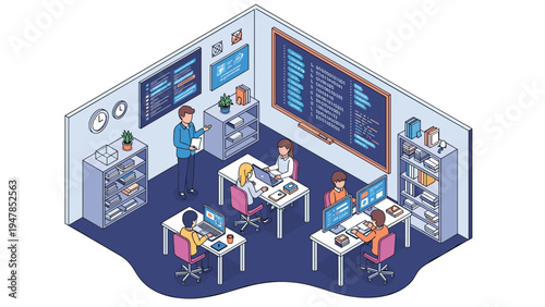 Students learn to code in a modern classroom where an instructor gives a lecture and everyone works on their laptop computers.