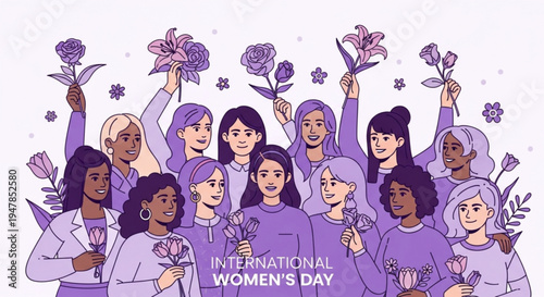 Diverse group of women celebrating international women's day with flowers in purple hues