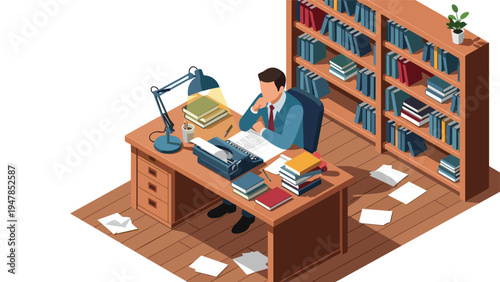 Writer or author works diligently at a wooden desk with a vintage typewriter surrounded by bookshelves and scattered papers.
