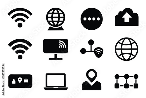 This image displays a set of black silhouette icons, representing various internet, network, communication, and location-based technology symbols for digital interfaces