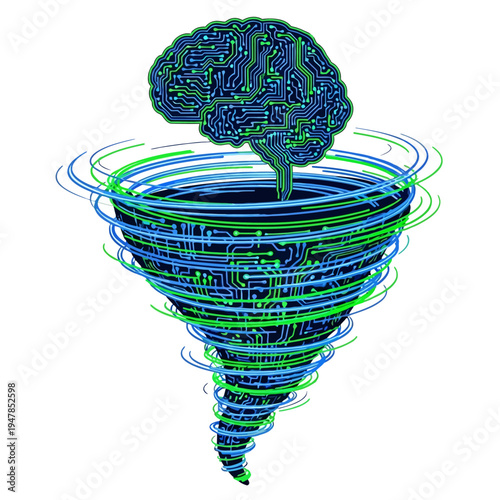 Brainstorming concept with swirling tornado around brain.