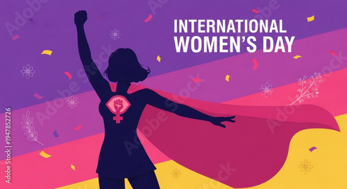 Empowered woman celebrating international women's day with a raised fist and flowing cape on colorful background