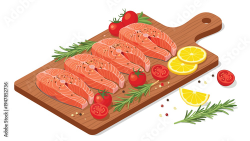 Fresh raw salmon fillets are beautifully arranged on a wooden board with ripe tomatoes, lemon, rosemary, and aromatic spices.