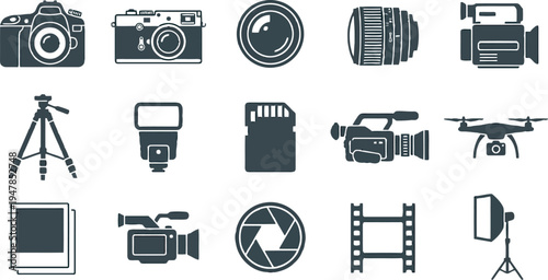 Set of 15 Professional Photography and Videography Equipment Icons Vector - Modern Flat Design for Digital Media, Studio, and Creative Content