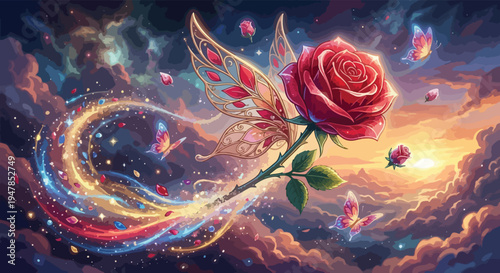Magical Vector Illustration of a Flying Red Rose with Fairy Wings Leaving a Glowing Stardust Trail in a Dreamy Cosmic Sunset Sky with Butterflies for Fantasy Art Design Projects