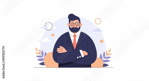 Stylized illustration of a man in a suit with folded arms and glasses