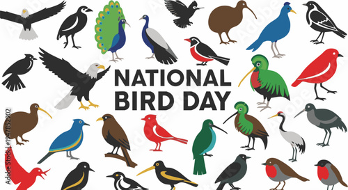 Colorful birds illustration for National Bird Day in vibrant flat design for conservation awareness