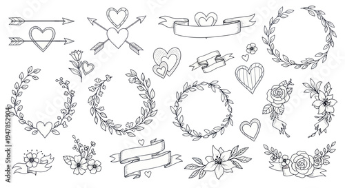 Hand-Drawn Valentine Elements: Hearts, Arrows, Wreaths, Flowers, and Banners