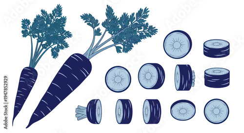 Blue Carrots and Slices Illustration: Raw Root Vegetable Collection