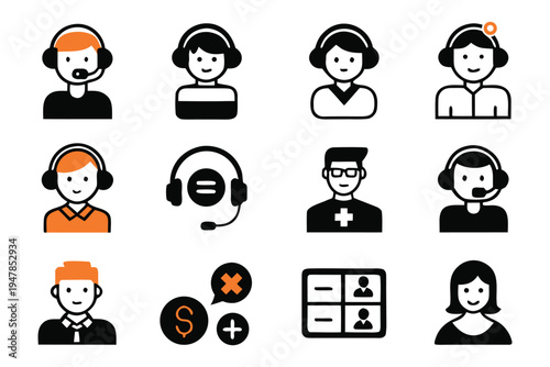 Set of Diverse Communication and Support Icons for Modern Business Operations, Featuring Helpdesk Agents, Online Consultation, and Team Collaboration Concepts in a Clean, Flat Design Style