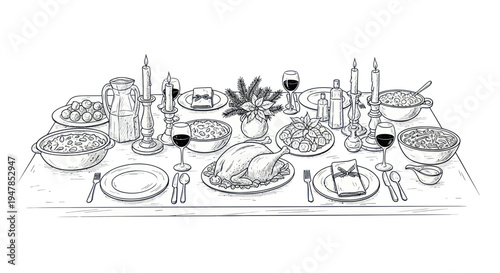 Hand Drawn Festive Holiday Feast Table Setting with Roasted Turkey and Candles