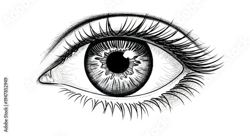 Close-up sketch of a human eye with detailed iris and lashes on white background