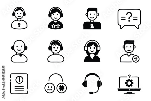 A comprehensive collection of black flat vector icons representing various customer support, help desk, communication, and online assistance concepts for digital interfaces