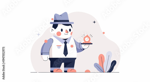 Stylized illustration of a person in a hat holding a small object