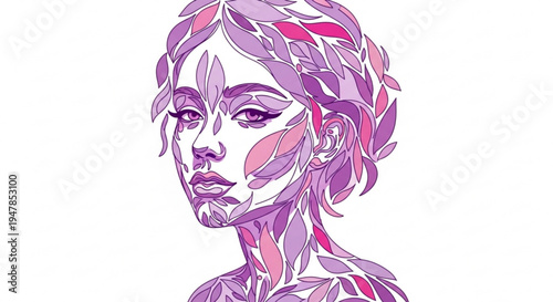 Woman's face with leaves makeup floral design purple pink hues illustration white background