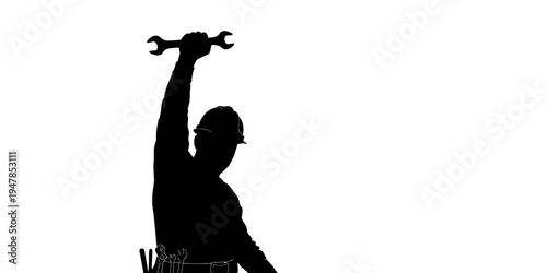 Minimalist Graphic Silhouette of a Triumphant Construction Worker Raising a Wrench High Symbolizing Success