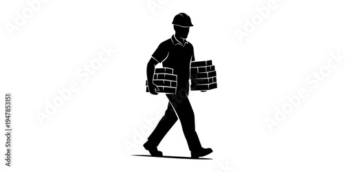 Professional Minimalist Graphic Illustration of a Construction Worker Carrying Bricks Black and White Icon