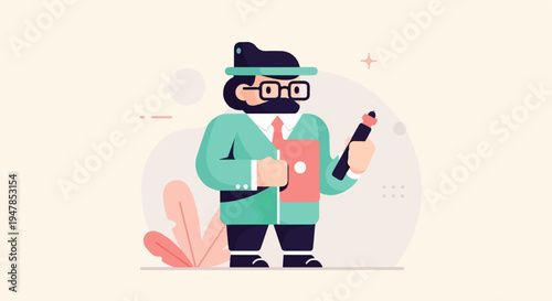 Stylized man in a hat and suit holds a notebook and marker, with plant