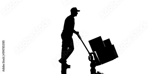 A Functional Minimalist Silhouette of a Worker Pushing a Hand Truck with Packages on a White Background