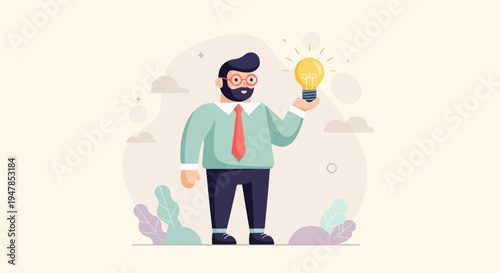 Stylized man with glasses and beard holds a glowing light bulb