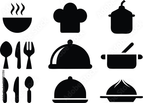 A collection of black and white vector icons representing various culinary and dining elements, including dishes, cutlery, and chef hats, perfect for restaurant or food-related designs