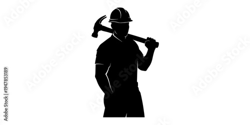 Minimalist and determined illustration of a hardworking construction worker silhouette holding a hammer over the shoulder