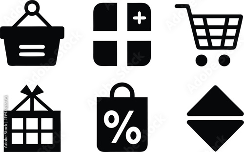 Minimalist icons representing shopping, online purchases, and retail transactions, useful for e-commerce websites and apps