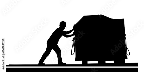 A Determined minimalist graphic illustration of a construction worker or laborer pushing heavy machinery, symbolizing hard work and effort