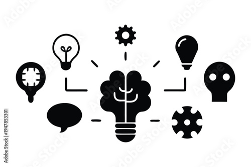 Minimalist black and white icon of a brain lightbulb, connecting ideas, challenges, and communication, symbolizing creative thinking and effective problem-solving
