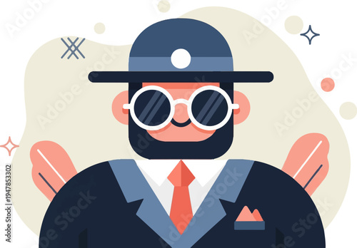 Stylized man in a hat, suit, and tie with round sunglasses