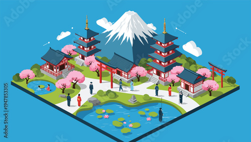 Beautiful isometric Japanese garden landscape features traditional pagodas, cherry blossoms, and Mount Fuji in the distance.