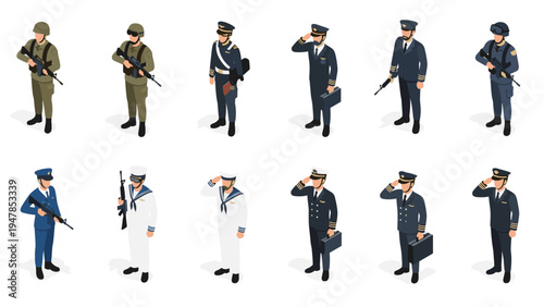 Diverse collection of military and navy personnel presented in isometric view wearing various service uniforms and gear.