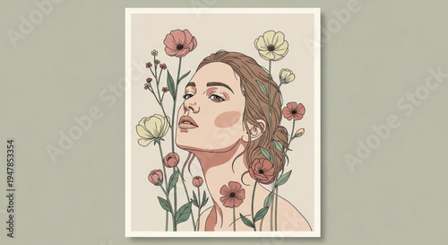 Woman surrounded by colorful flowers in hair blooming floral illustration with green background